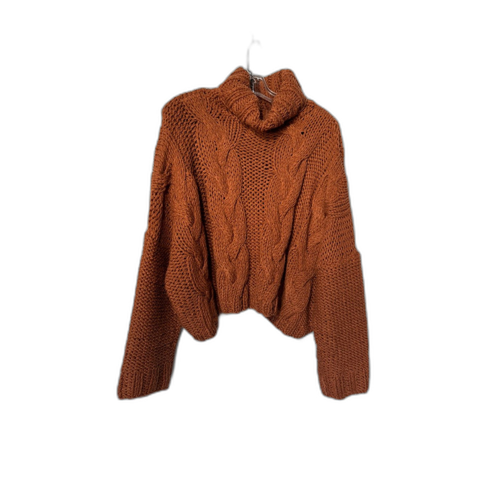 POL Boho Chunky Cable Knit Cropped Turtleneck Sweater Rust Orange Size L